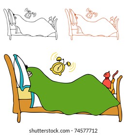 An image of a man hiding under the covers of his bed while his alarm clock is ringing.