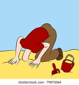 An image of a man with his head stuck in the sand.