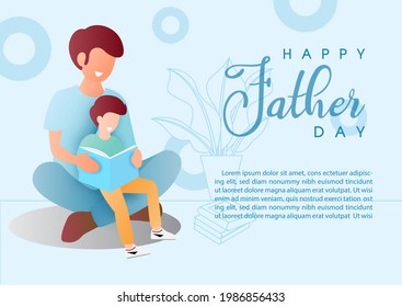 Image of a man and his son in cartoon character reading a book together with Father day's wording and example texts on objects outline and blue background. Poster of father's day in vector design.