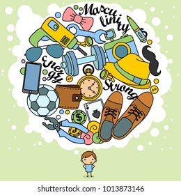 The image of a man and his thoughts in the form of a circle drawn by a contour. Color illustration for design or print. A set of different male objects. Beautiful illustration.