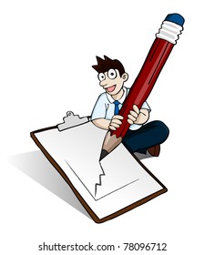 image of man holding big pencil drawing graphic on paper note on his feet in white background. Of course you can put any picture or word into the paper