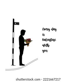 An image of a man holding a bouquet of flower at the bus top with word every day is valentine with you. Suitable for cards, expressing love etc.