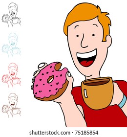 An image of a man holding a cup of coffee and eating a pink donut.