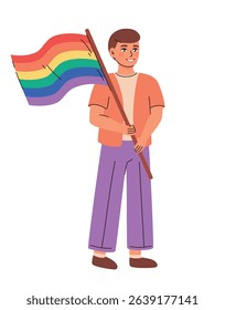 Image of man holding lgbt flag. Pride month celebration. Flat vector illustration.
