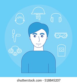 Image of man and icons of personal protective equipment sight, hearing, smell and head. Vector illustration.