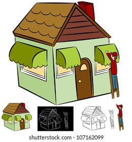 An image of a man installing awnings on a house.