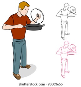An image of a man lifting the lid off a large cooking pan.