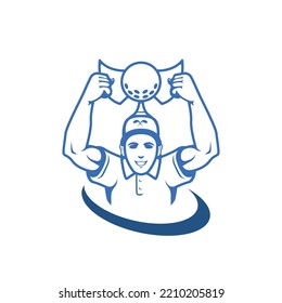 image of a man lifting a winning trophy in a golf championship logo icon vector illustration