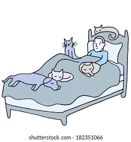 An image of a man with many pets on his bed.