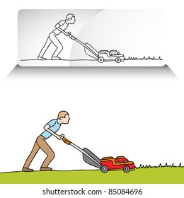 An image of a man mowing the lawn with a lawnmower.