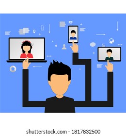 image of a man with an octopus hand tapping a laptop smart phone tablet with a vector person on it