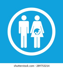 Image of man and pregnant woman in circle, isolated on blue