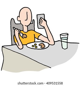 An image of a Man reading his phone while eating.