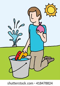 Uma imagem de um homem recarregando uma arma de água e um balão de água.
