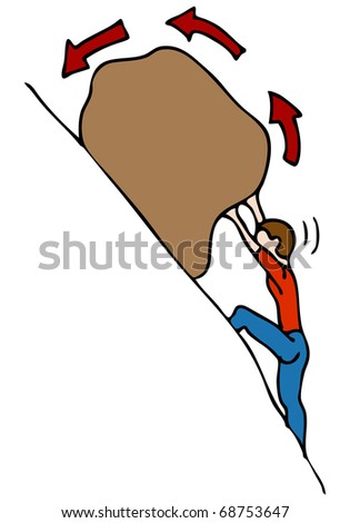 An image of a man rolling a rock uphill.