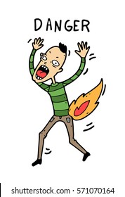 Image of a man running and screaming in a panic because of his burning clothes and
pain from scalds as a consequence of careless handling of fire and flammable materials or substances. 