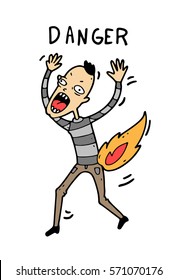 Image of a man running and screaming in a panic because of his burning clothes and
pain from scalds as a consequence of careless handling of fire and flammable materials or substances. 