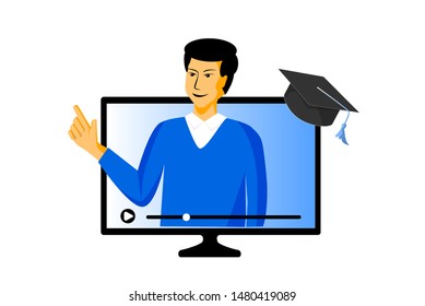 Image of man, scroll and play button on computer screen. Cartoon style vector illustration of webinar, online education cources, distance learning worldwide. Home schooling concept, social media. 