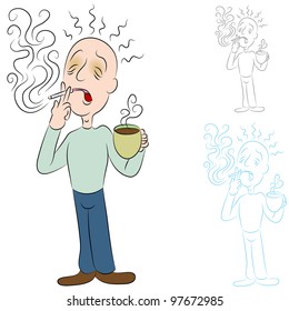 Imagen de un hombre enfermo de café y cigarrillos.