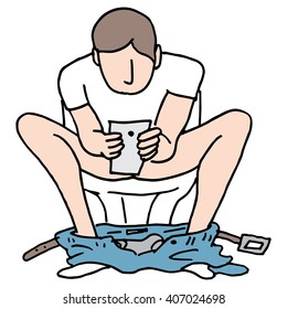 An image of a Man sitting on toilet using phone.