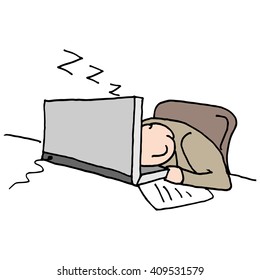 An image of a Man sleeping at his computer.