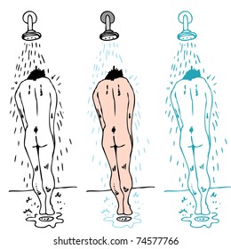 An image of a man standing under a showerhead taking a shower.