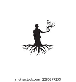 Image of a man that has taken root in the ground. This is a 3d render illustration.Man silhouette connects to the Earth with some roots developing from its legs. Digital illustration.