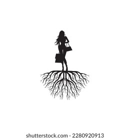 Image of a man that has taken root in the ground. This is a 3d render illustration.Man silhouette connects to the Earth with some roots developing from its legs. Digital illustration.