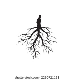 Image d'un homme qui a pris racine dans le sol. C'est une illustration de rendu 3d. La silhouette de l'homme se connecte à la Terre avec quelques racines qui se développent à partir de ses jambes. Illustration numérique.