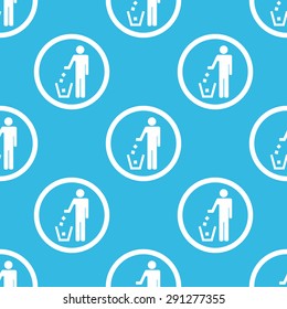 Image of man throwing garbage into litter bin in circle, repeated on blue background