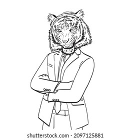 The image of a man with a tiger's head in a businessman's suit. Vector illustration. Black and white sketch