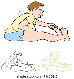 An image of a man trying to reach his toenails with a trimmer.
