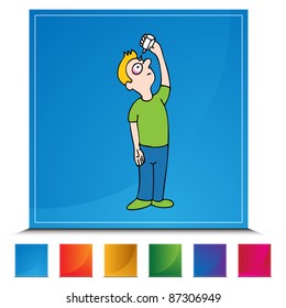 An image of a man using eyedrops on a colorful button.