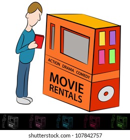 An Image Of A Man Using A Movie Rental Machine.