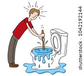 An image of a Man Using Plunger Clogged Toilet cartoon isolated on white.