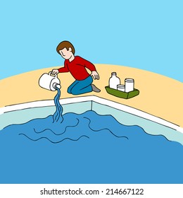 An Image Of A Man Using Pool Chemicals.