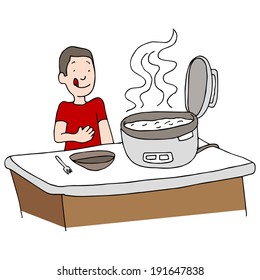 An image of a man using a rice cooker.