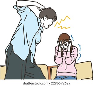 An image of a man using violence and abusive language against a woman indoors