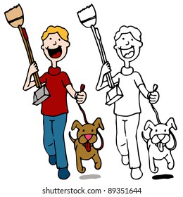 An image of a man walking dog holding a pooper scooper.