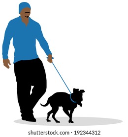 An image of a man walking his dog.
