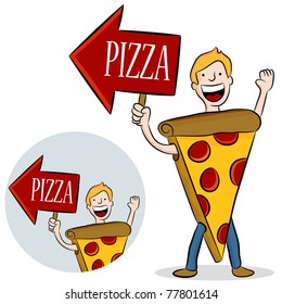 An image of a man wearing a pizza costume with arrow sign.