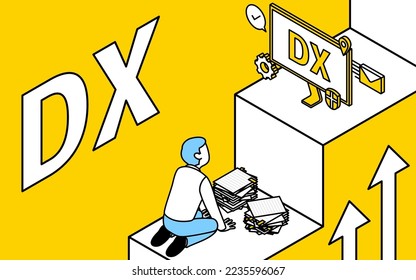 Image of a man who is busy at work examining business improvements with DX, isometric.