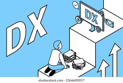 Imagen de un hombre que está ocupado en el trabajo examinando mejoras de negocios con DX, isométrica.