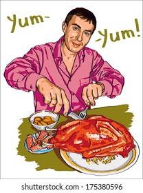 Image of a man who cuts the goose sitting at the dinner table.
