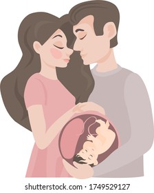 Image of a man who is hugging his pregnant wife.
stock isolated illustration on white background for printing on postcards, websites, shop advertising in cartoon style