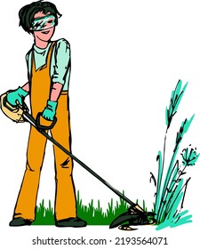 Image of a man who mows the grass with a trimmer.