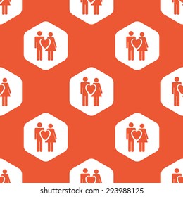 Image of man, woman and heart in white hexagon, repeated on orange background