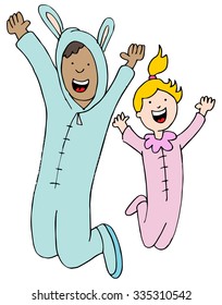 An image of a man and woman wearing a pajama jumpsuit.