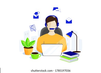 Image of man working with open laptop, freelancer at workplace with urban background. Cartoon style vector illustration with icons of webinar, vlog, online education cources, distance learning
