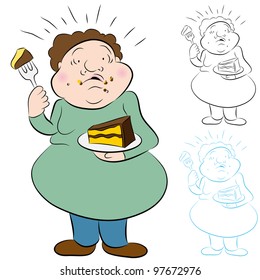 An image of a man worried over eating too much cake.